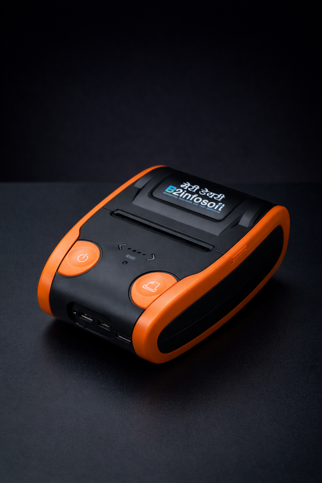 Angled view of Meridairy thermal printer showing full structure and receipt printing capability