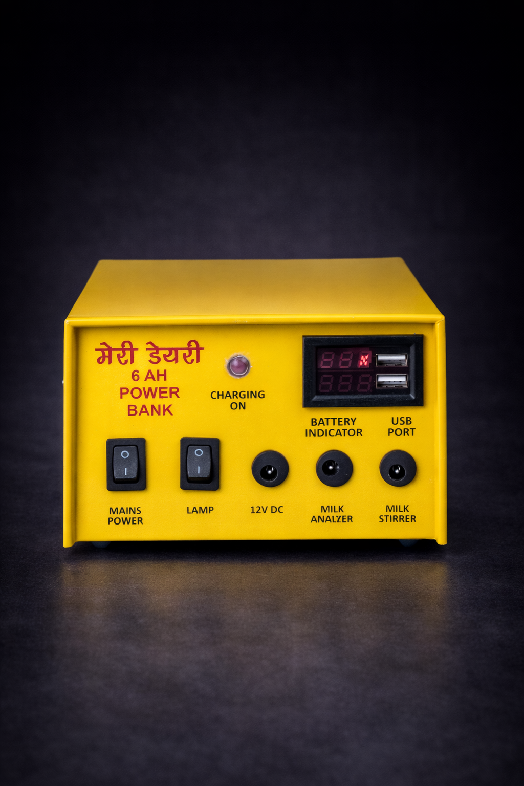 Angled view of yellow powerbank showing full structure and multi-device charging capability