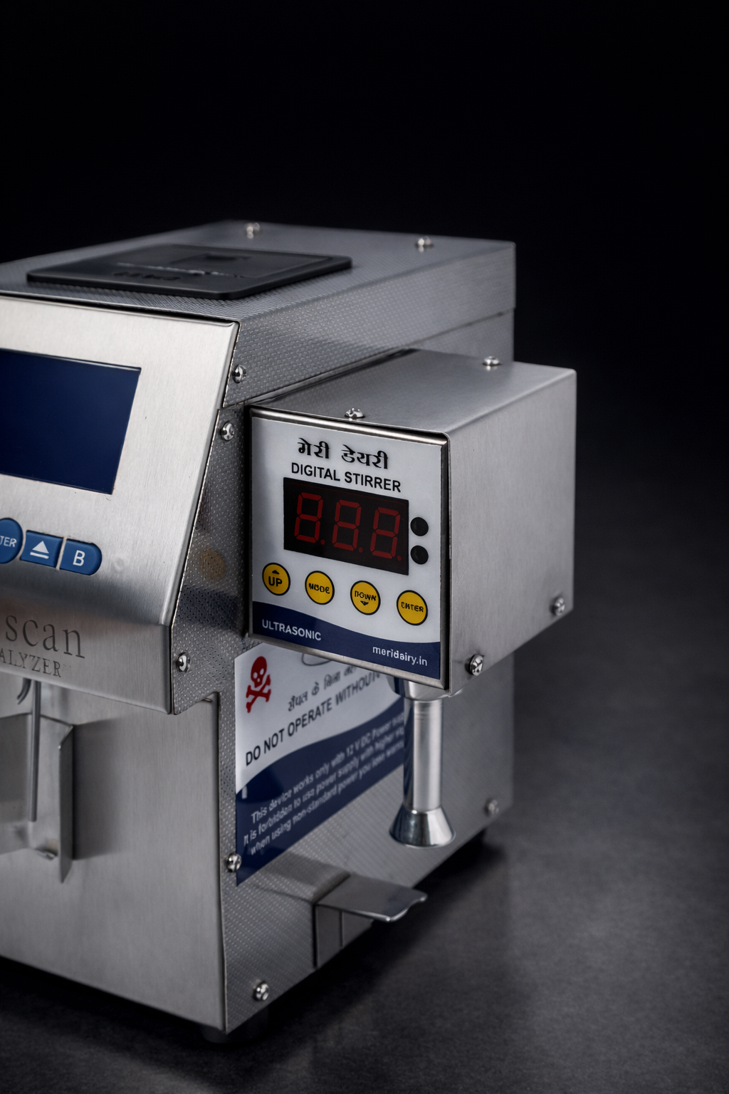 Close-up side view of LactoBond milk analyzer showing control panel and dispensing unit