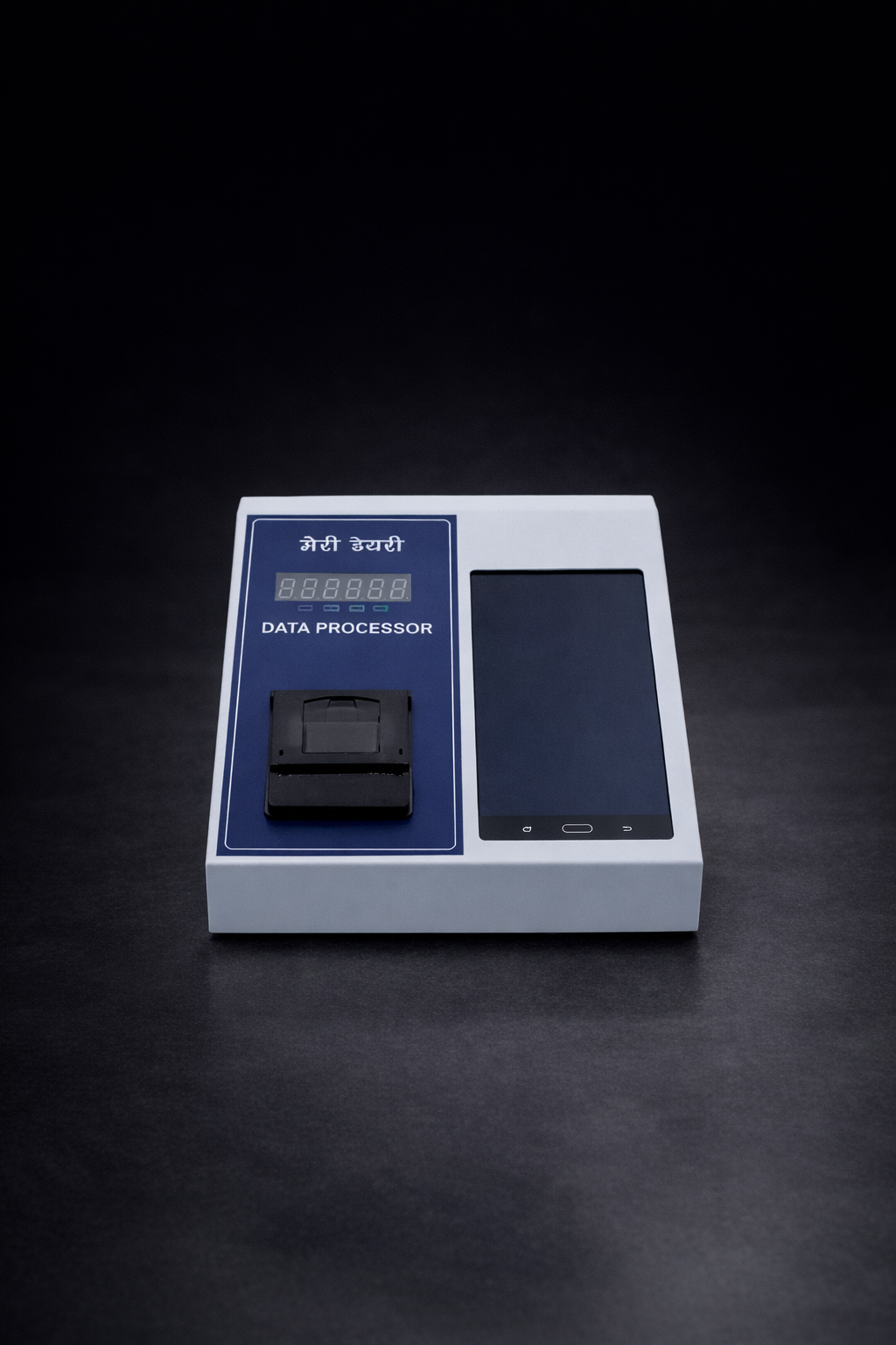 Meridairy Smart DPU Front View Meridairy Smart DPU front view with inbuilt display running dairy management app