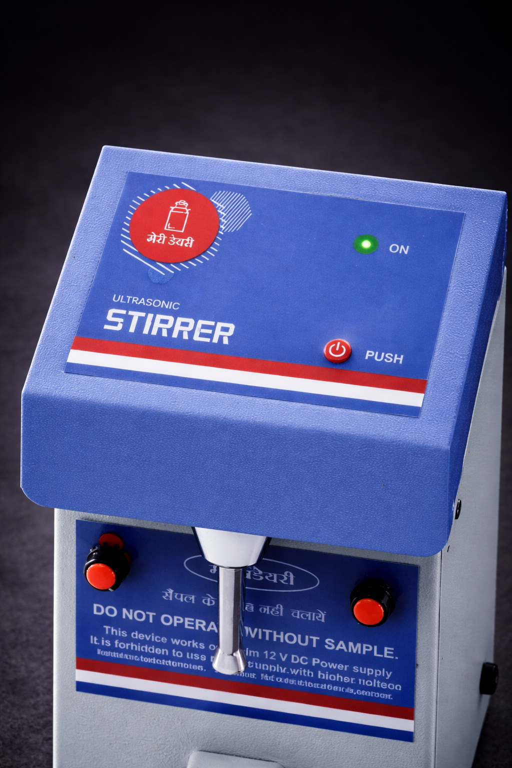 Close-up of milk stirrer probe used for removing bubbles from milk sample