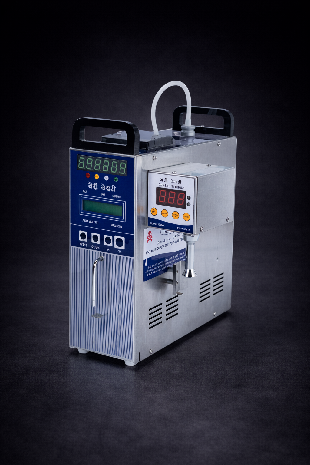 Side profile of EkoBond milk analyzer showing compact structure and stirrer attachment