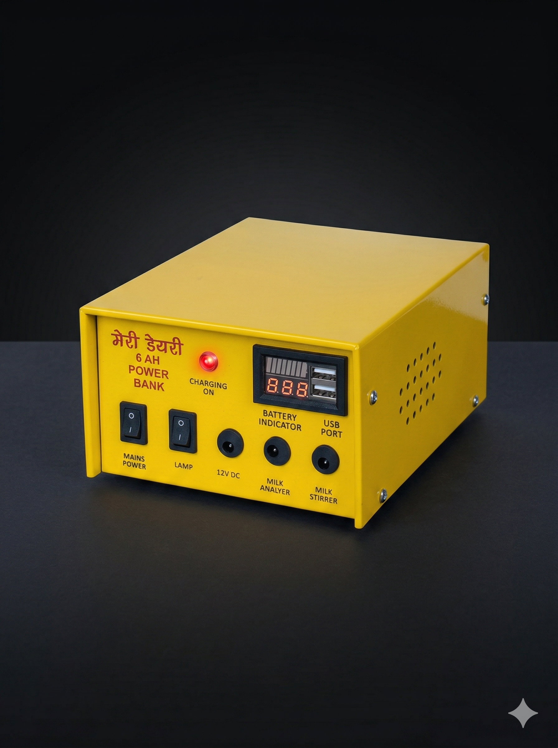 Angled view of yellow powerbank showing full structure and multi-device charging capability